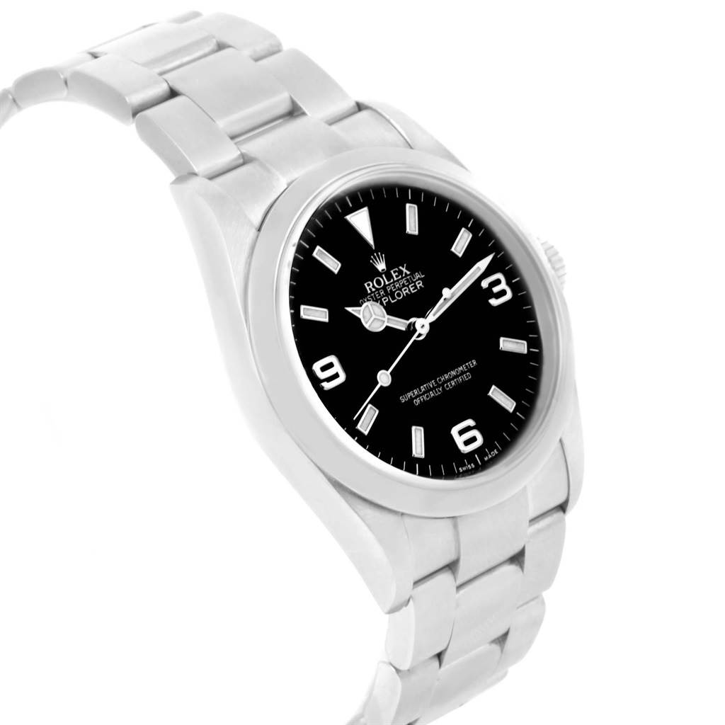 The image shows the Rolex Explorer 114270 Men's Stainless Steel Black Dial 114270 Men's Stainless Steel Black Dial watch at a slight angle, highlighting its black dial, stainless steel case, and bracelet.