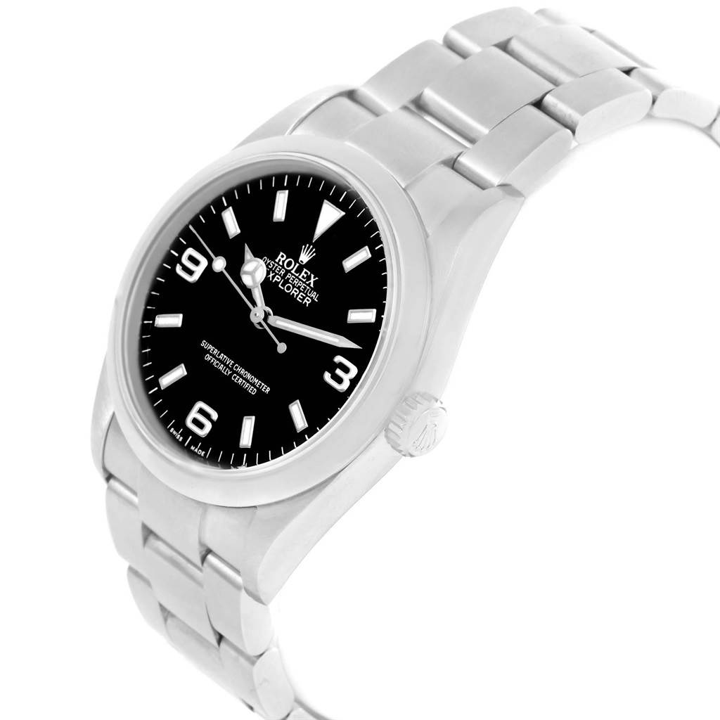 The image shows a Rolex Explorer 114270 Men's Stainless Steel Black Dial 114270 Men's Stainless Steel Black Dial watch at a slight angle, highlighting the dial, bezel, bracelet, and crown.