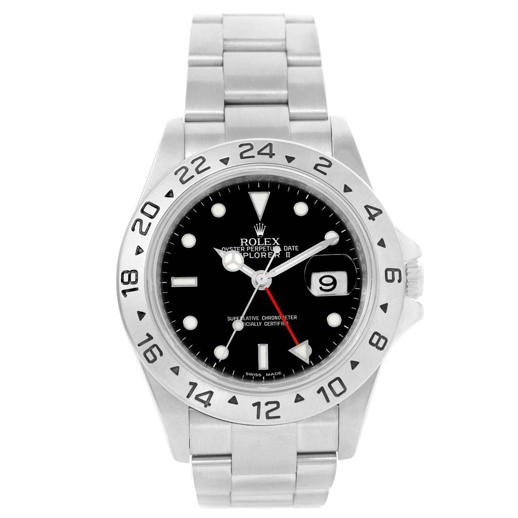 This Rolex Explorer 16570 Men's Stainless Steel Black Dial 16570 Men's Stainless Steel Black Dial watch is shown from a front angle, displaying its face, bezel, and stainless steel bracelet.