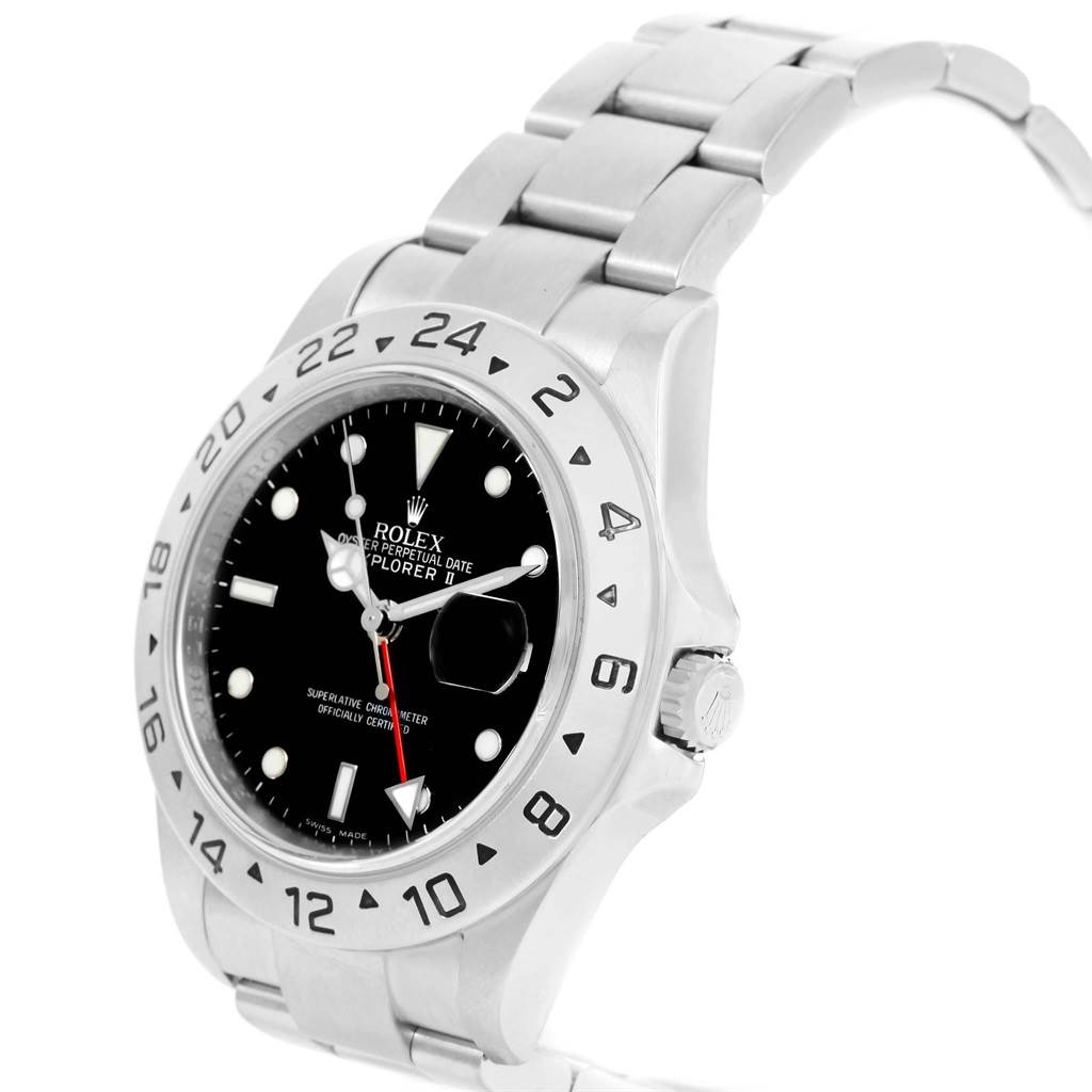 The image shows a side view of the Rolex Explorer 16570 Men's Stainless Steel Black Dial 16570 Men's Stainless Steel Black Dial model, detailing its bezel, watch face, and a portion of the bracelet.