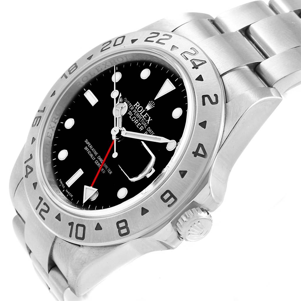 The image shows a close-up side view of the Rolex Explorer 16570 Men's Stainless Steel Black Dial 16570 Men's Stainless Steel Black Dial watch, highlighting the dial, bezel, and part of the bracelet.