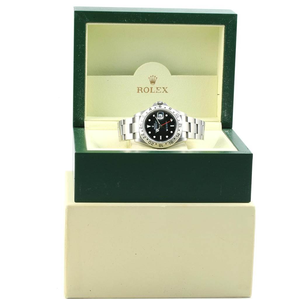 The Rolex Explorer 16570 Men's Stainless Steel Black Dial 16570 Men's Stainless Steel Black Dial watch is displayed head-on, with its dial and bracelet visible, set in an open Rolex box.