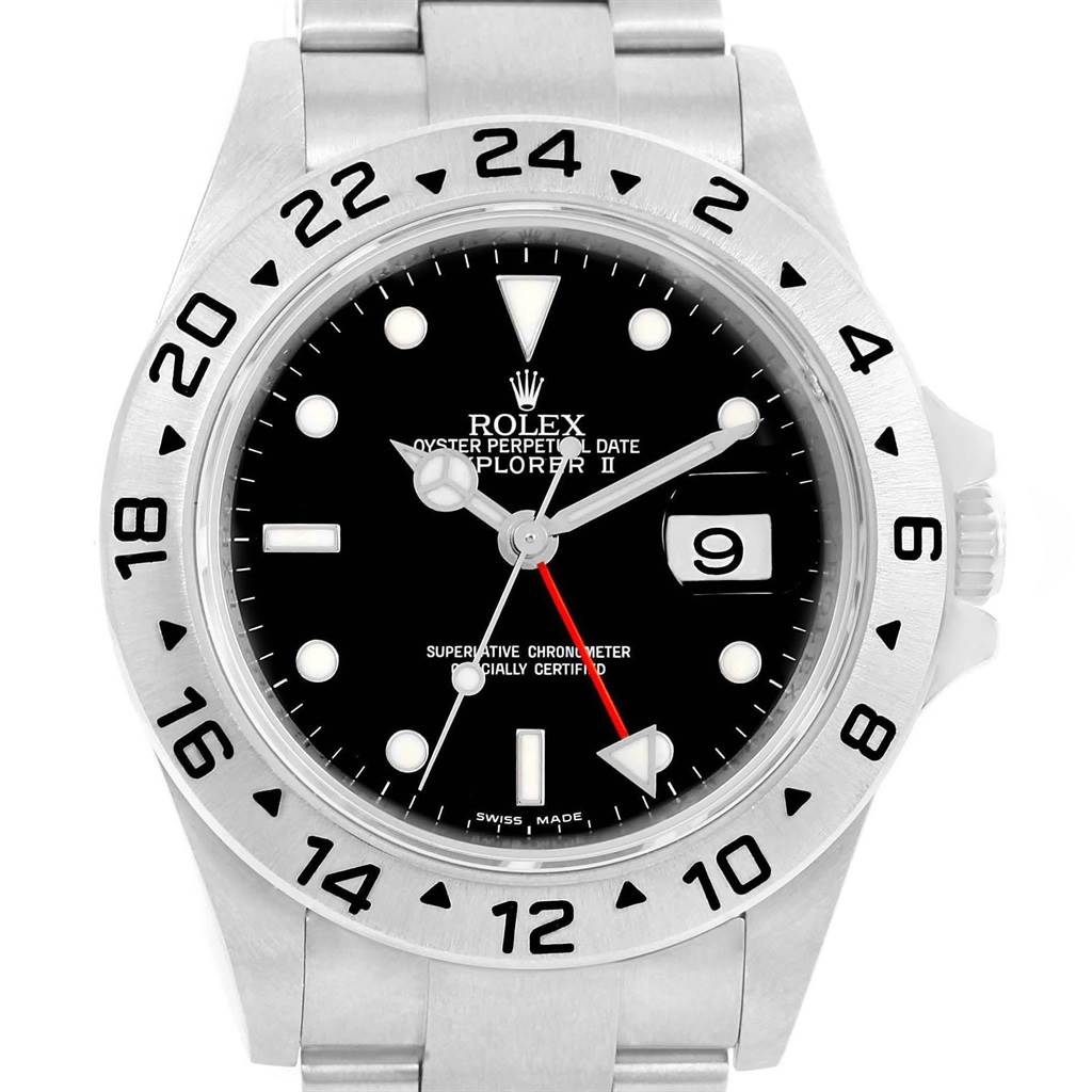 The image shows a front view of a Rolex Explorer 16570 Men's Stainless Steel Black Dial 16570 Men's Stainless Steel Black Dial watch, displaying the dial, bezel, hands, and bracelet.