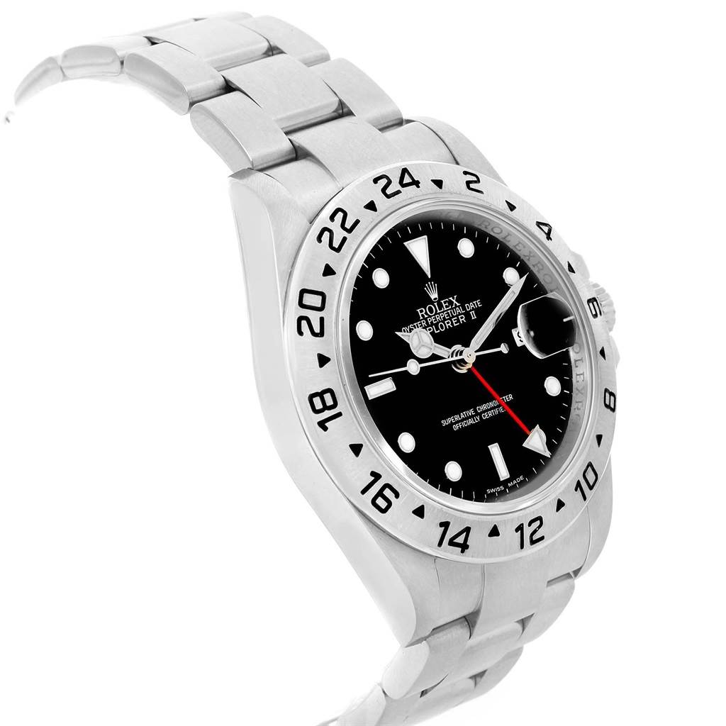 The image shows a side view of a Rolex Explorer 16570 Men's Stainless Steel Black Dial 16570 Men's Stainless Steel Black Dial watch, highlighting the bezel, dial, and part of the bracelet.