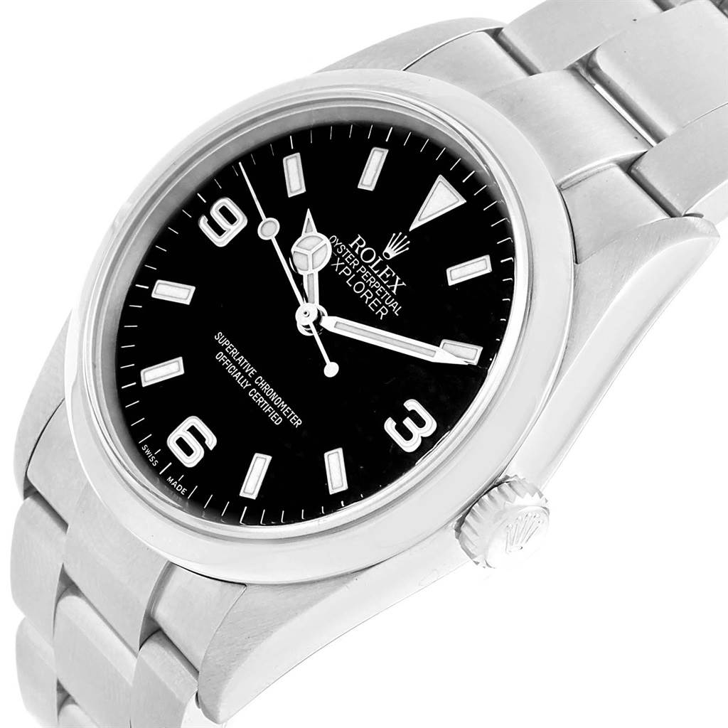 The image shows a Rolex Explorer 114270 Men's Stainless Steel Black Dial 114270 Men's Stainless Steel Black Dial watch angled from the top-left, showcasing its dial, bezel, crown, and part of the bracelet.
