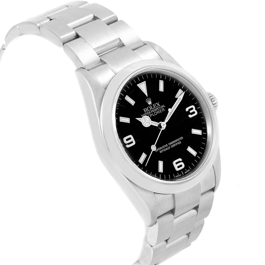 The Rolex Explorer 114270 Men's Stainless Steel Black Dial 114270 Men's Stainless Steel Black Dial watch is displayed at a slight angle showing the face, bezel, crown, and part of the bracelet.