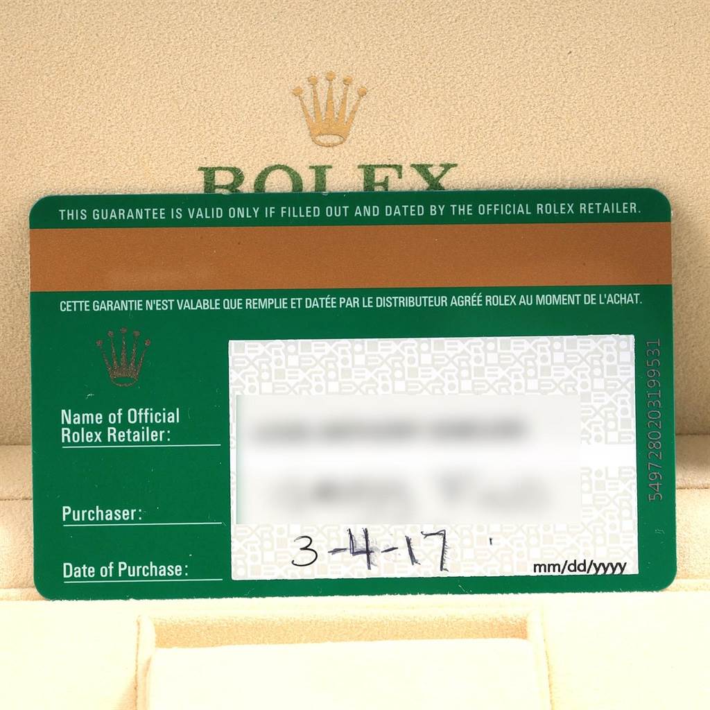 The image shows a warranty card for a Rolex Explorer 216570 Men's Stainless Steel Black Dial 216570 Men's Stainless Steel Black Dial watch, displaying retailer and purchase information.