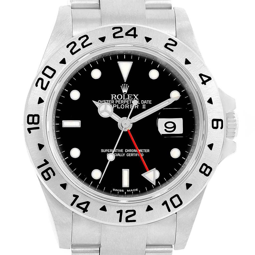 The image shows a front view of a Rolex Explorer 16570 Men's Stainless Steel Black Dial 16570 Men's Stainless Steel Black Dial watch, displaying its dial, bezel, and part of its bracelet.