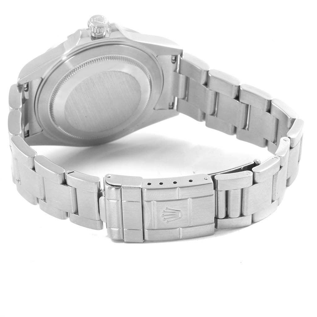 The image shows the rear view of a Rolex Explorer 16570 Men's Stainless Steel Black Dial 16570 Men's Stainless Steel Black Dial watch, highlighting the case back, bracelet, and clasp.