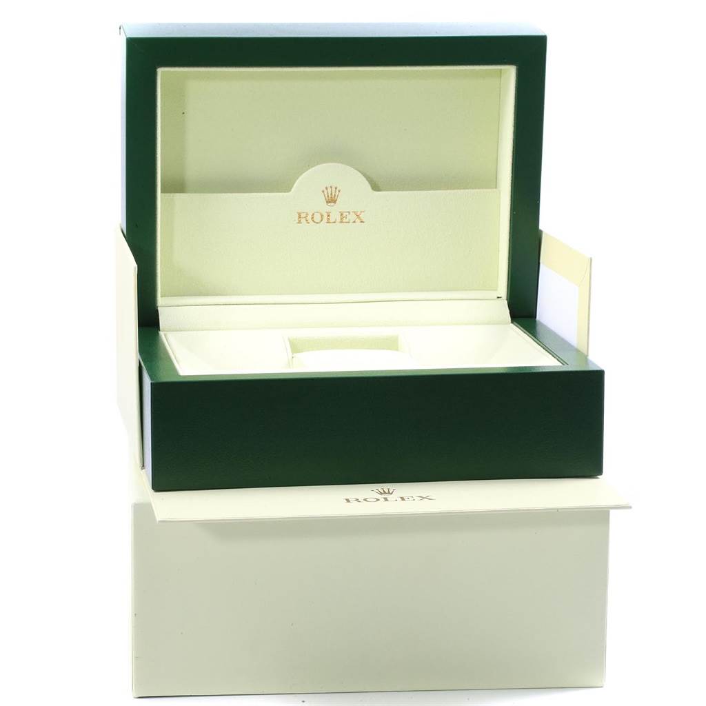 The image shows an open Rolex Explorer 16570 Men's Stainless Steel Black Dial 16570 Men's Stainless Steel Black Dial watch box, displaying the interior compartments from a front angle.