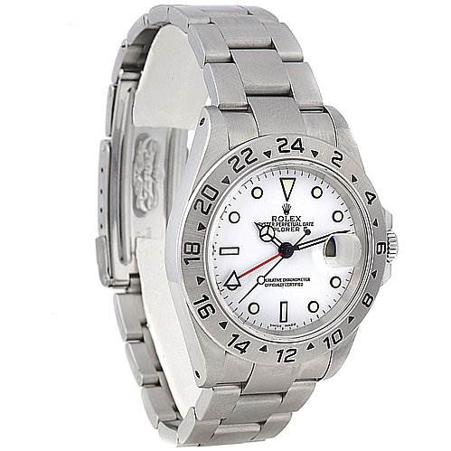 The image shows a Rolex Explorer 16570 Men's Stainless Steel White Dial 16570 Men's Stainless Steel White Dial watch at a slight left angle, revealing the bezel, crown, bracelet, and dial.