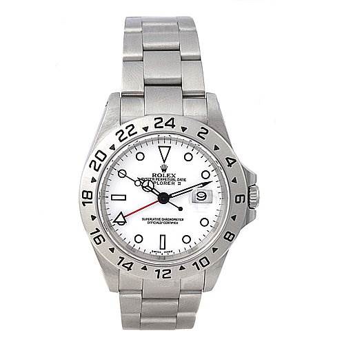 The image shows a front view of the Rolex Explorer 16570 Men's Stainless Steel White Dial 16570 Men's Stainless Steel White Dial watch, highlighting the dial, bezel, bracelet, and date window.