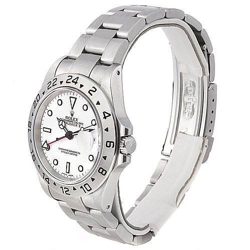 The image shows a side angle of a Rolex Explorer 16570 Men's Stainless Steel White Dial 16570 Men's Stainless Steel White Dial watch, highlighting the band, bezel, and part of the dial.