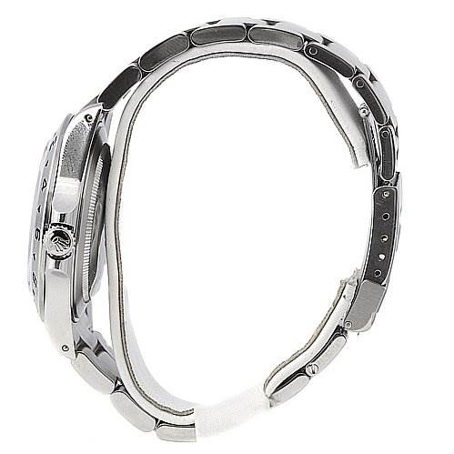 This image shows a side view of the Rolex Explorer 16570 Men's Stainless Steel White Dial 16570 Men's Stainless Steel White Dial watch, highlighting the case, crown, and part of the metal bracelet.