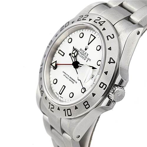 The image shows the dial and bezel of a Rolex Explorer 16570 Men's Stainless Steel White Dial 16570 Men's Stainless Steel White Dial watch, angled to highlight the side and crown of the watch.