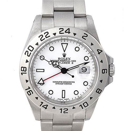 The image shows a Rolex Explorer 16570 Men's Stainless Steel White Dial 16570 Men's Stainless Steel White Dial watch, viewed from the front, with its stainless steel bracelet, bezel, and white dial visible.