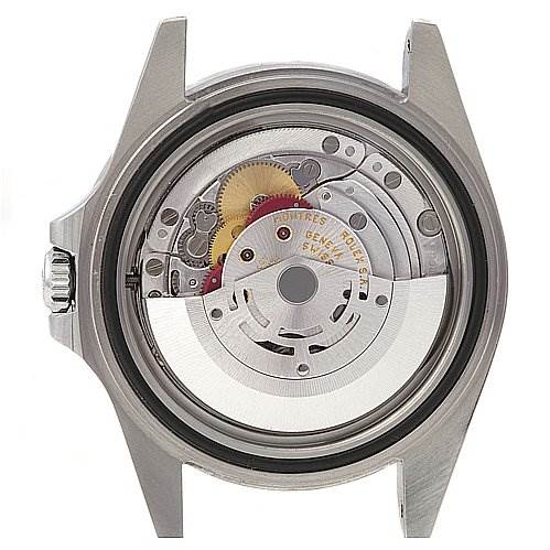 This image shows the back view of the case for the Rolex Explorer 16570 Men's Stainless Steel White Dial 16570 Men's Stainless Steel White Dial model, displaying its internal mechanical movement.