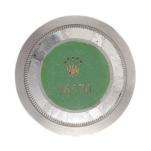 This image shows the case back sticker of a Rolex Explorer 16570 Men's Stainless Steel White Dial 16570 Men's Stainless Steel White Dial model 16570.