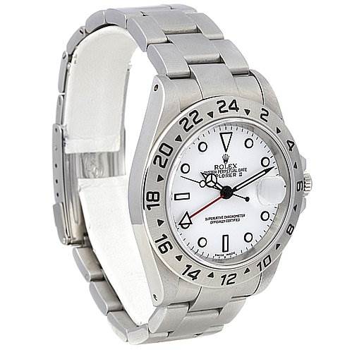 This image shows a Rolex Explorer 16570 Men's Stainless Steel White Dial 16570 Men's Stainless Steel White Dial watch from a three-quarter angle, highlighting its dial, bezel, and stainless steel bracelet.