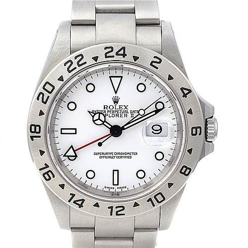 The image shows a front view of a Rolex Explorer 16570 Men's Stainless Steel White Dial 16570 Men's Stainless Steel White Dial watch, showcasing the dial, bezel, and bracelet.