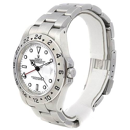 The image shows a side and front view of a Rolex Explorer 16570 Men's Stainless Steel White Dial 16570 Men's Stainless Steel White Dial watch, highlighting its dial, bezel, and bracelet.