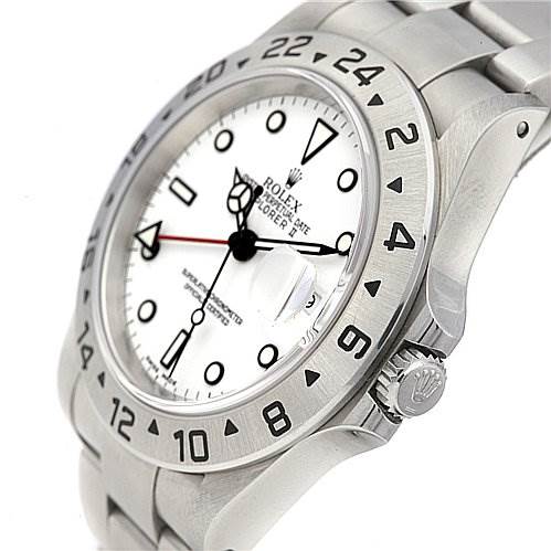 The image shows a side and front angle of a Rolex Explorer 16570 Men's Stainless Steel White Dial 16570 Men's Stainless Steel White Dial watch, highlighting the bezel, crown, dial, and partial bracelet.