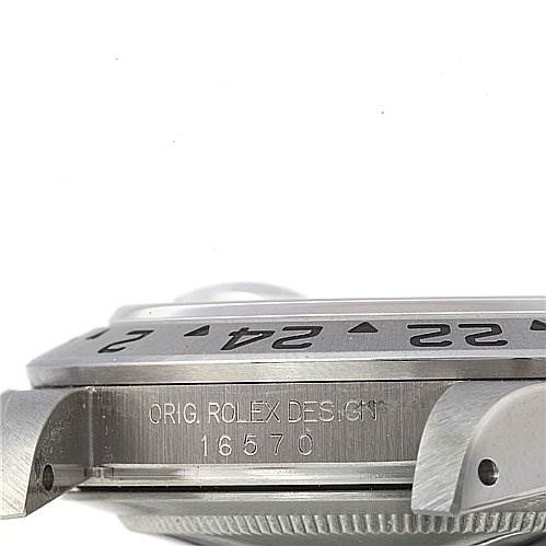 The image shows a side view of a Rolex Explorer 16570 Men's Stainless Steel White Dial 16570 Men's Stainless Steel White Dial watch case, highlighting the bezel and part of the lugs with the model number 16570 engraved.