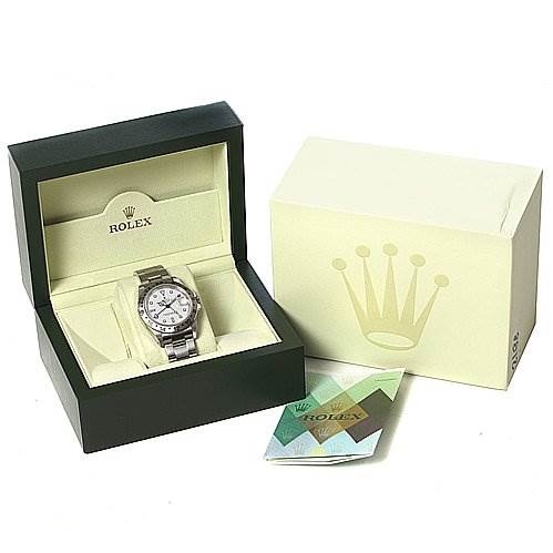 The image shows a Rolex Explorer 16570 Men's Stainless Steel White Dial 16570 Men's Stainless Steel White Dial watch in its open box, alongside the outer packaging and accompanying documents.
