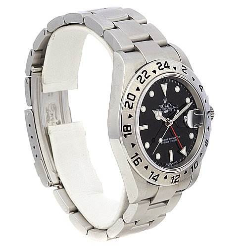 The image shows a side angle of the Rolex Explorer 16570 Men's Stainless Steel Black Dial 16570 Men's Stainless Steel Black Dial model, highlighting the bezel, crown, dial, and part of the bracelet.