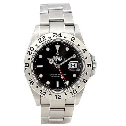 The image shows a frontal view of a Rolex Explorer 16570 Men's Stainless Steel Black Dial 16570 Men's Stainless Steel Black Dial watch, displaying the dial, bezel, and bracelet.