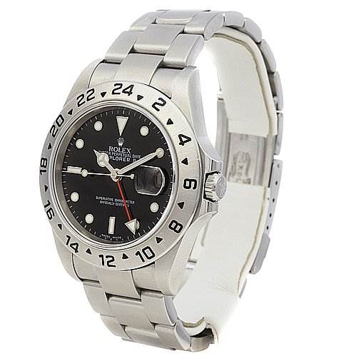 The image shows a Rolex Explorer 16570 Men's Stainless Steel Black Dial 16570 Men's Stainless Steel Black Dial watch from an angled view, displaying its black dial, stainless steel bracelet, and bezel with small portions of the side visible.