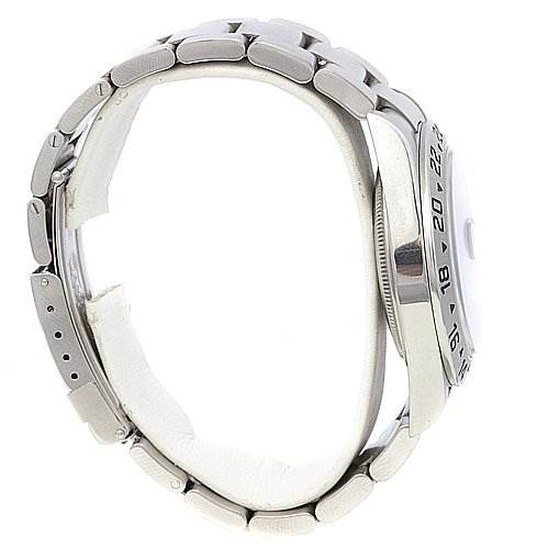 The image shows the Rolex Explorer 16570 Men's Stainless Steel Black Dial 16570 Men's Stainless Steel Black Dial watch from a side angle, highlighting the band and the edge of the dial.