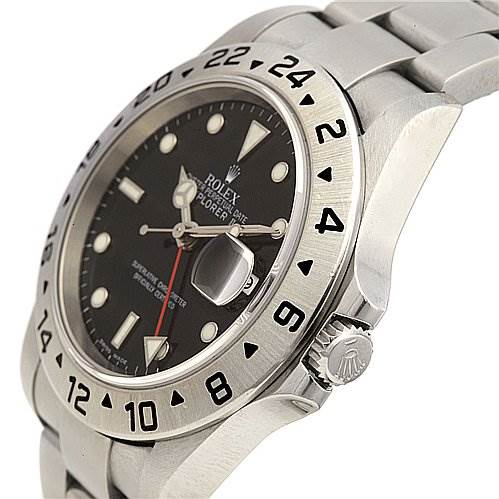 The image shows a side angle of the Rolex Explorer 16570 Men's Stainless Steel Black Dial 16570 Men's Stainless Steel Black Dial watch, highlighting the bezel, crown, and part of the bracelet.