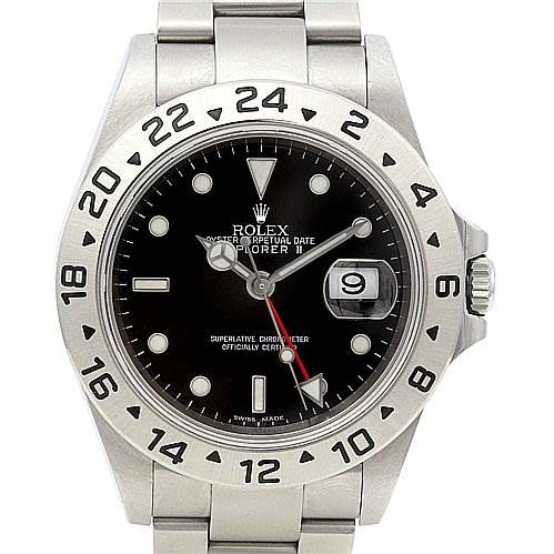 The image shows a frontal view of a Rolex Explorer 16570 Men's Stainless Steel Black Dial 16570 Men's Stainless Steel Black Dial watch, featuring its black dial, bezel, and stainless steel bracelet.