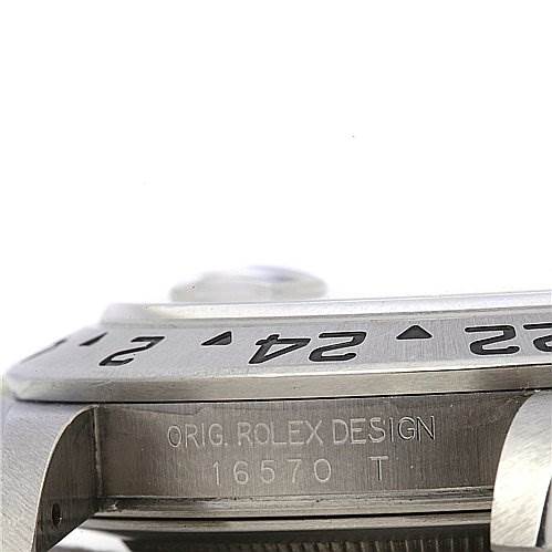 This image shows a close-up side view of the bezel and case of a Rolex Explorer 16570 Men's Stainless Steel Black Dial 16570 Men's Stainless Steel Black Dial model, highlighting the model number 16570.