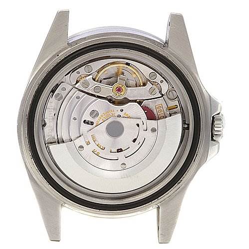 This image shows the back view of the Rolex Explorer 16570 Men's Stainless Steel Black Dial 16570 Men's Stainless Steel Black Dial watch, highlighting its internal mechanical movement.