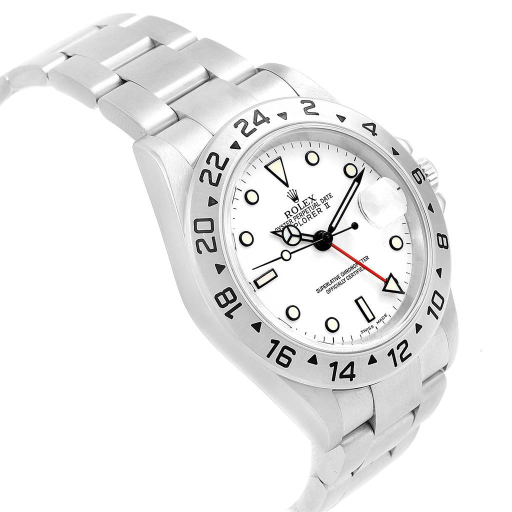 The image shows a Rolex Explorer 16570 Men's Stainless Steel White Dial 16570 Men's Stainless Steel White Dial watch from an angled top view, displaying the dial, bezel, and part of the bracelet.