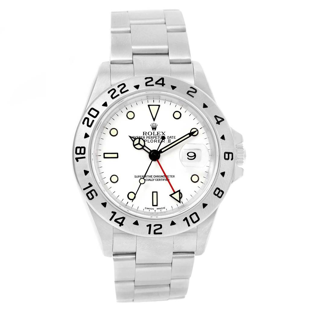 The image shows a front view of a Rolex Explorer 16570 Men's Stainless Steel White Dial 16570 Men's Stainless Steel White Dial watch, highlighting its dial, bezel, and part of the bracelet.
