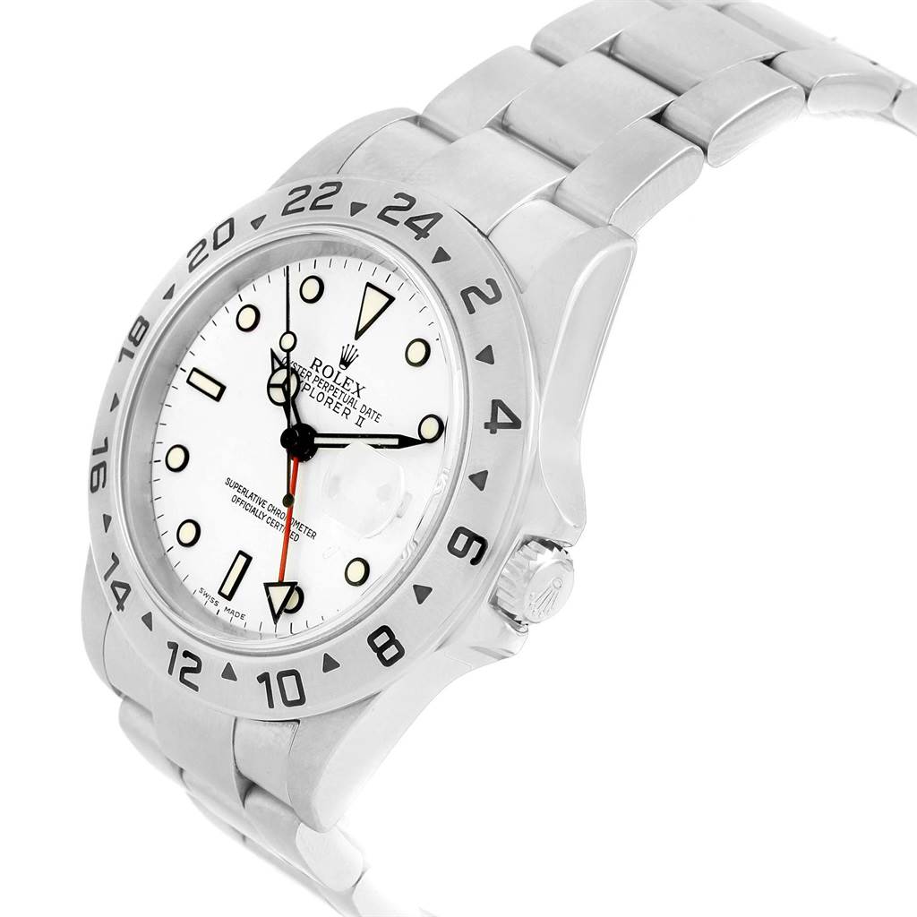 The image shows a three-quarter angle view of the Rolex Explorer 16570 Men's Stainless Steel White Dial 16570 Men's Stainless Steel White Dial watch, highlighting the face, bezel, crown, and part of the bracelet.