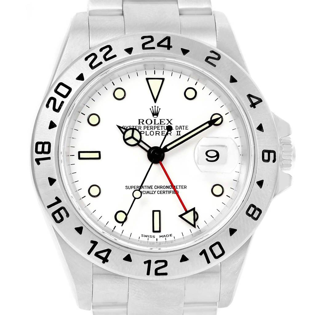 The image shows a front view of the Rolex Explorer 16570 Men's Stainless Steel White Dial 16570 Men's Stainless Steel White Dial watch, highlighting its dial, hands, bezel, and bracelet.