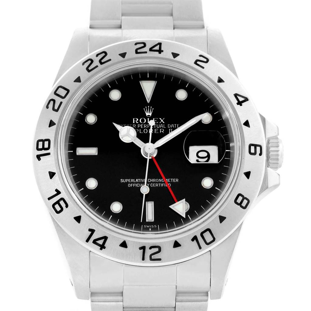 The image shows a front view of the Rolex Explorer 16570 Men's Stainless Steel Black Dial 16570 Men's Stainless Steel Black Dial watch, highlighting the dial, bezel, bracelet, and crown.