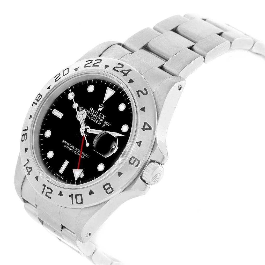 The image shows a side-angle view of a Rolex Explorer 16570 Men's Stainless Steel Black Dial 16570 Men's Stainless Steel Black Dial watch, highlighting its bezel, crown, and bracelet.