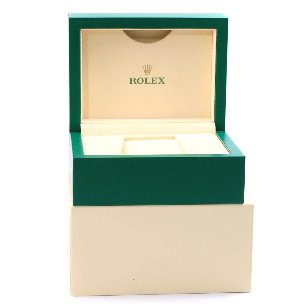The image shows an open Rolex watch box, designed to hold the Explorer model, taken from a front angle.
