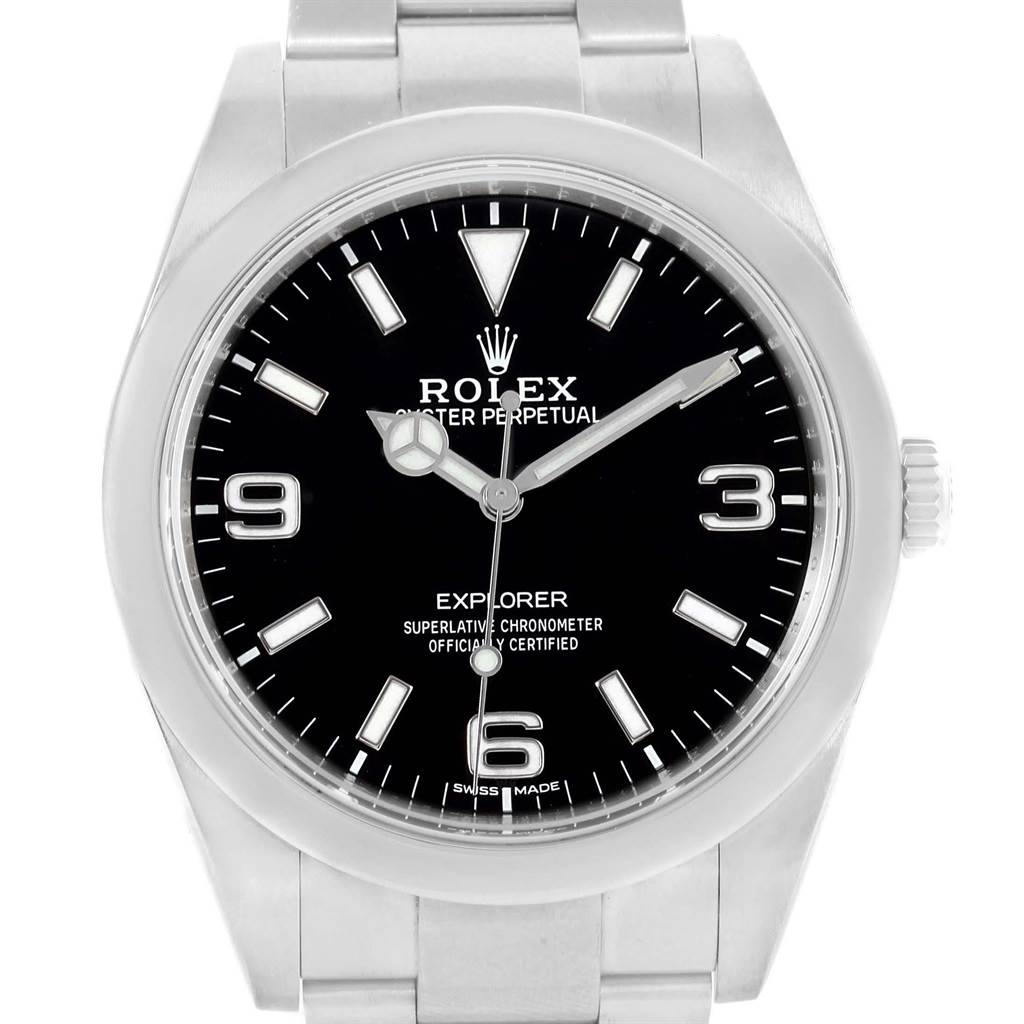 The image shows a front view of the Rolex Explorer 214270 Men's Stainless Steel Black Dial 214270 Men's Stainless Steel Black Dial watch, displaying the dial, hour markers, hands, case, and part of the bracelet.