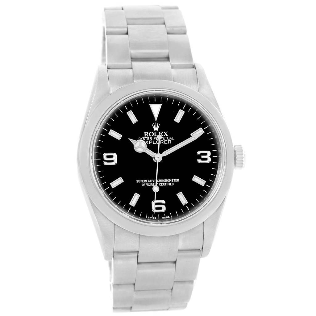 The image shows a front view of the Rolex Explorer 114270 Men's Stainless Steel Black Dial 114270 Men's Stainless Steel Black Dial watch, highlighting its black dial, stainless steel case, and bracelet.