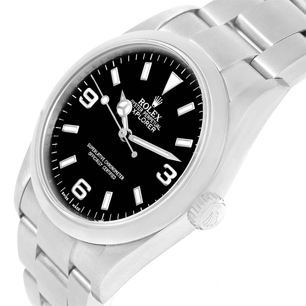 This Rolex Explorer 114270 Men's Stainless Steel Black Dial 114270 Men's Stainless Steel Black Dial model watch shows a stainless steel body, black dial, and part of its bracelet at an angled view.