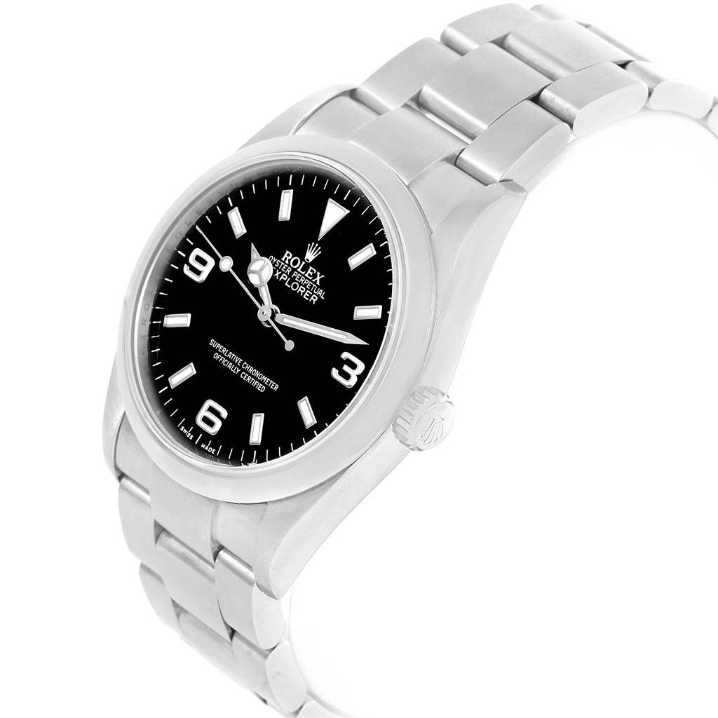 The image shows the Rolex Explorer 114270 Men's Stainless Steel Black Dial 114270 Men's Stainless Steel Black Dial watch from an angle highlighting the watch face, bezel, crown, and stainless steel bracelet.