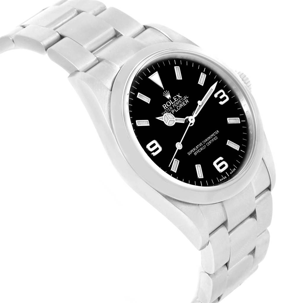 The Rolex Explorer 114270 Men's Stainless Steel Black Dial 114270 Men's Stainless Steel Black Dial watch is shown from an angled side view, highlighting the bracelet, bezel, and black dial.