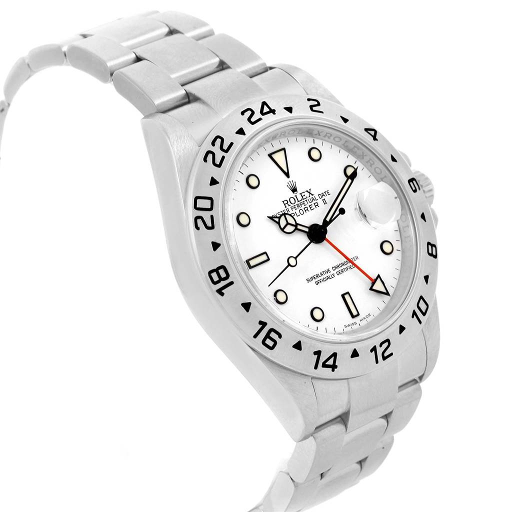 The Rolex Explorer 16570 Men's Stainless Steel White Dial 16570 Men's Stainless Steel White Dial watch is shown at a three-quarter angle, highlighting the dial, bezel, and a portion of the bracelet.