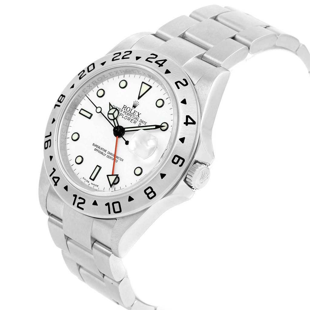 This image shows a Rolex Explorer 16570 Men's Stainless Steel White Dial 16570 Men's Stainless Steel White Dial watch angled to display the face, bezel, crown, and part of the bracelet.